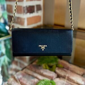 PRADA Saffiano Metal Oro Black Chain Wallet